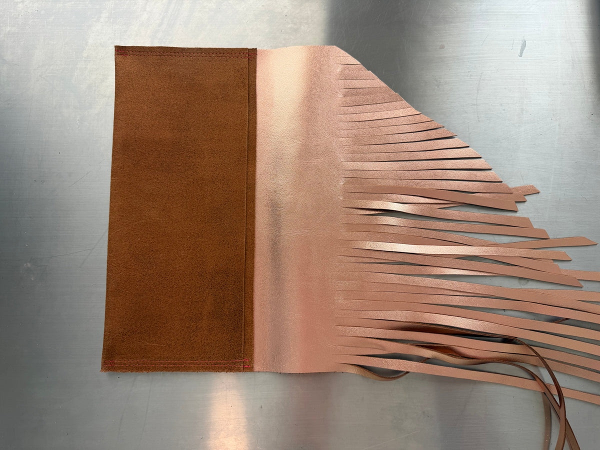 Brown Metallic Leather Fringe Clutch