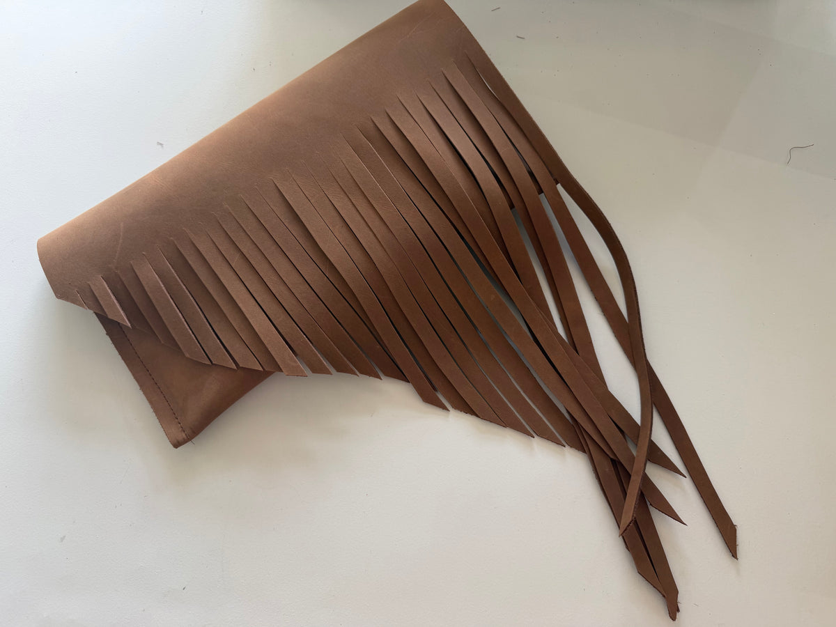 Brown Leather Fringe Clutch