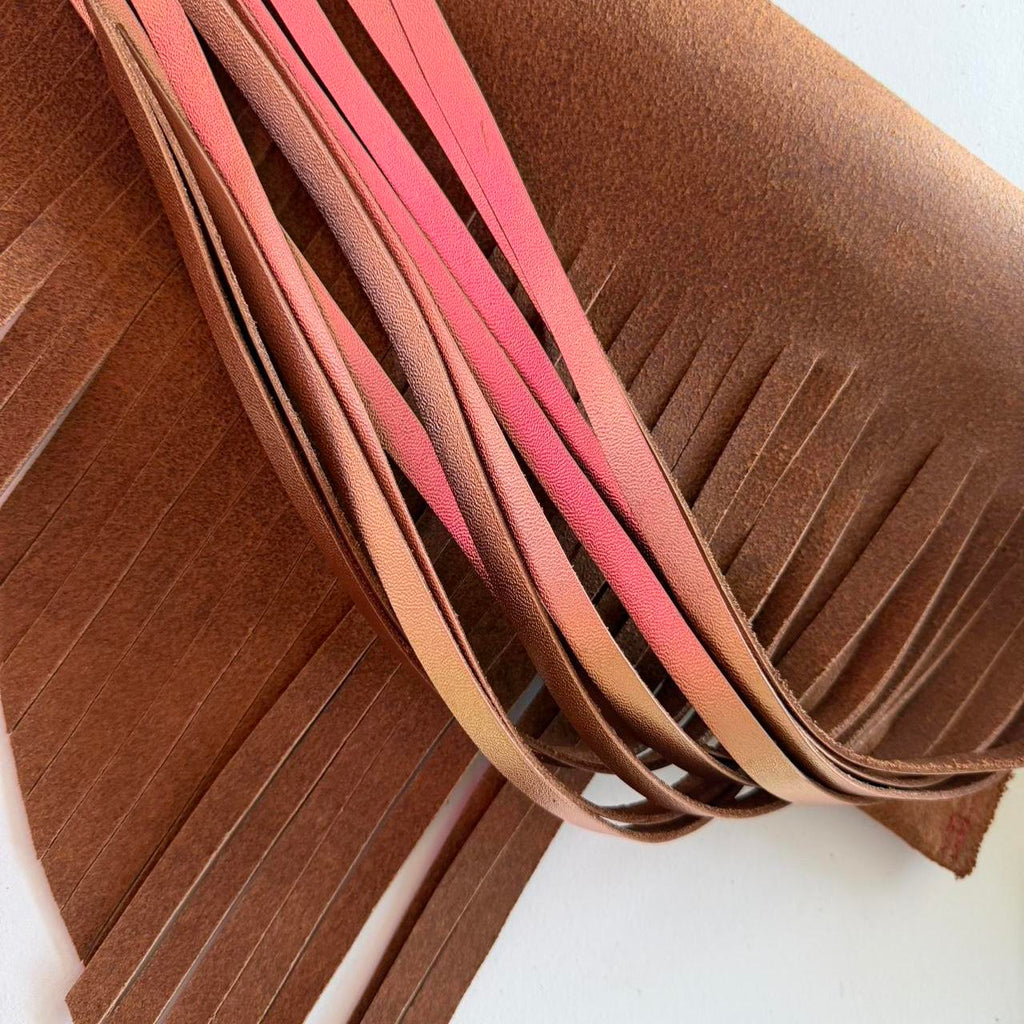 Brown Metallic Leather Fringe Clutch