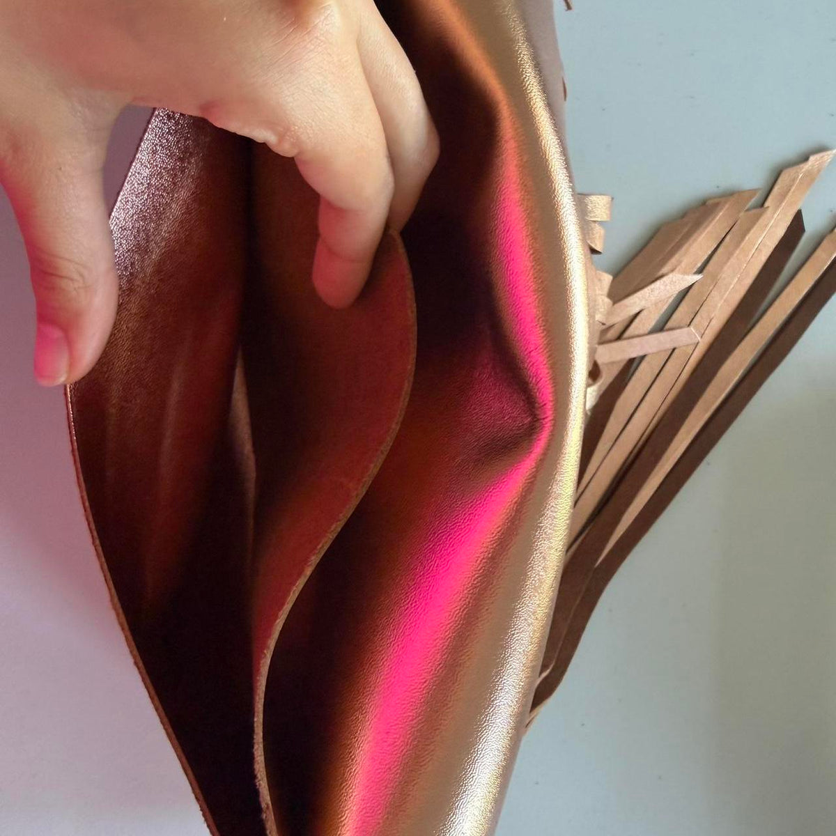 Brown Metallic Leather Fringe Clutch