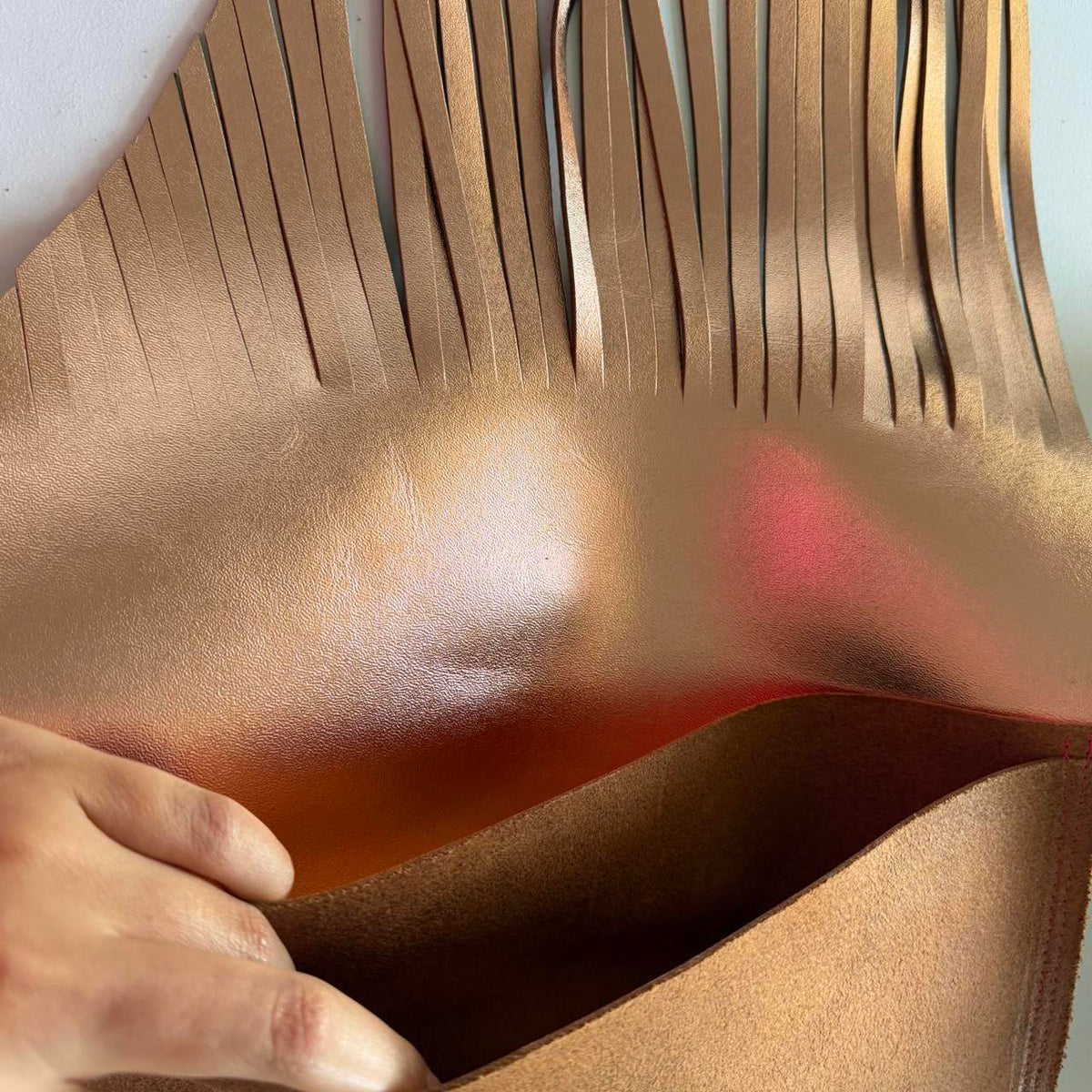 Brown Metallic Leather Fringe Clutch